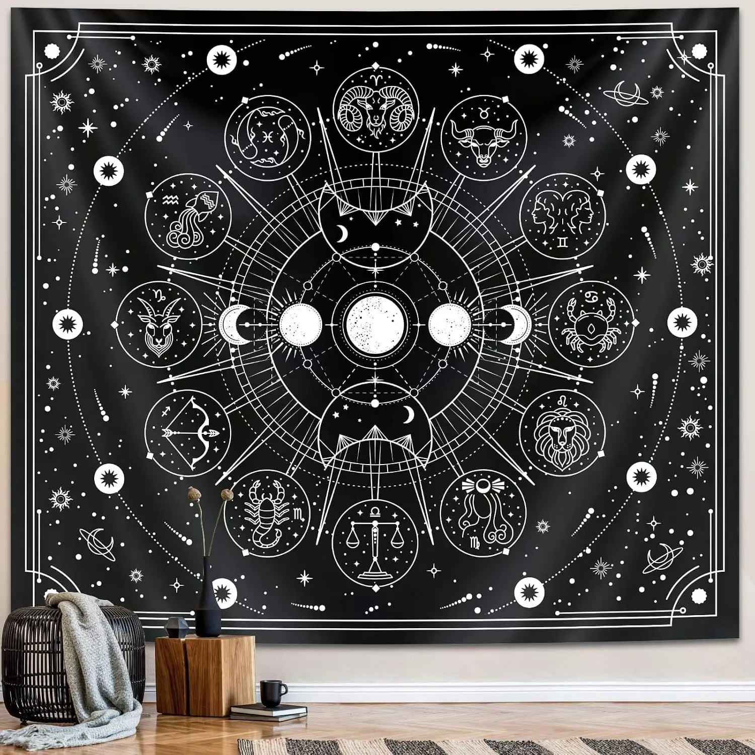 Zodiac Wheel Tapestry, Black White 12 Constellation Astrology Moon Star Wall Hanging, Fantasy Home Party Background Cloth Decor