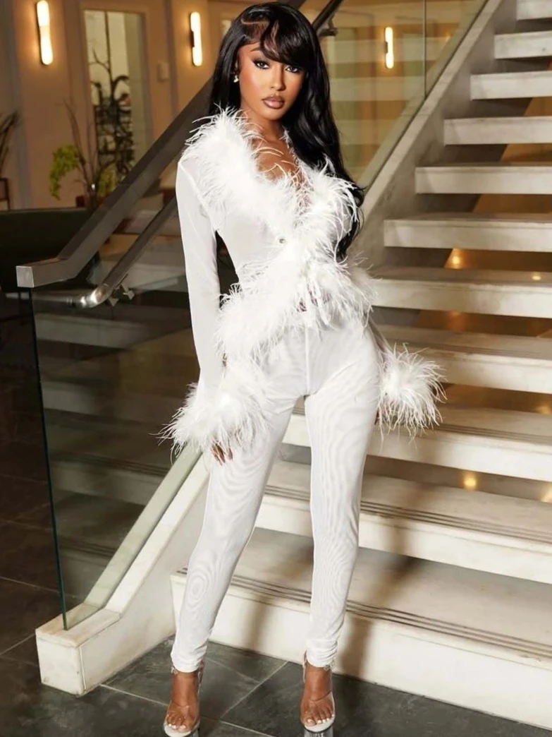 

BWQ Fashion Mesh See Though Women's Set Feather Side Long Sleeve Crop Top and Legging Pants 2025 Sexy Two 2Piece Sets Outfit