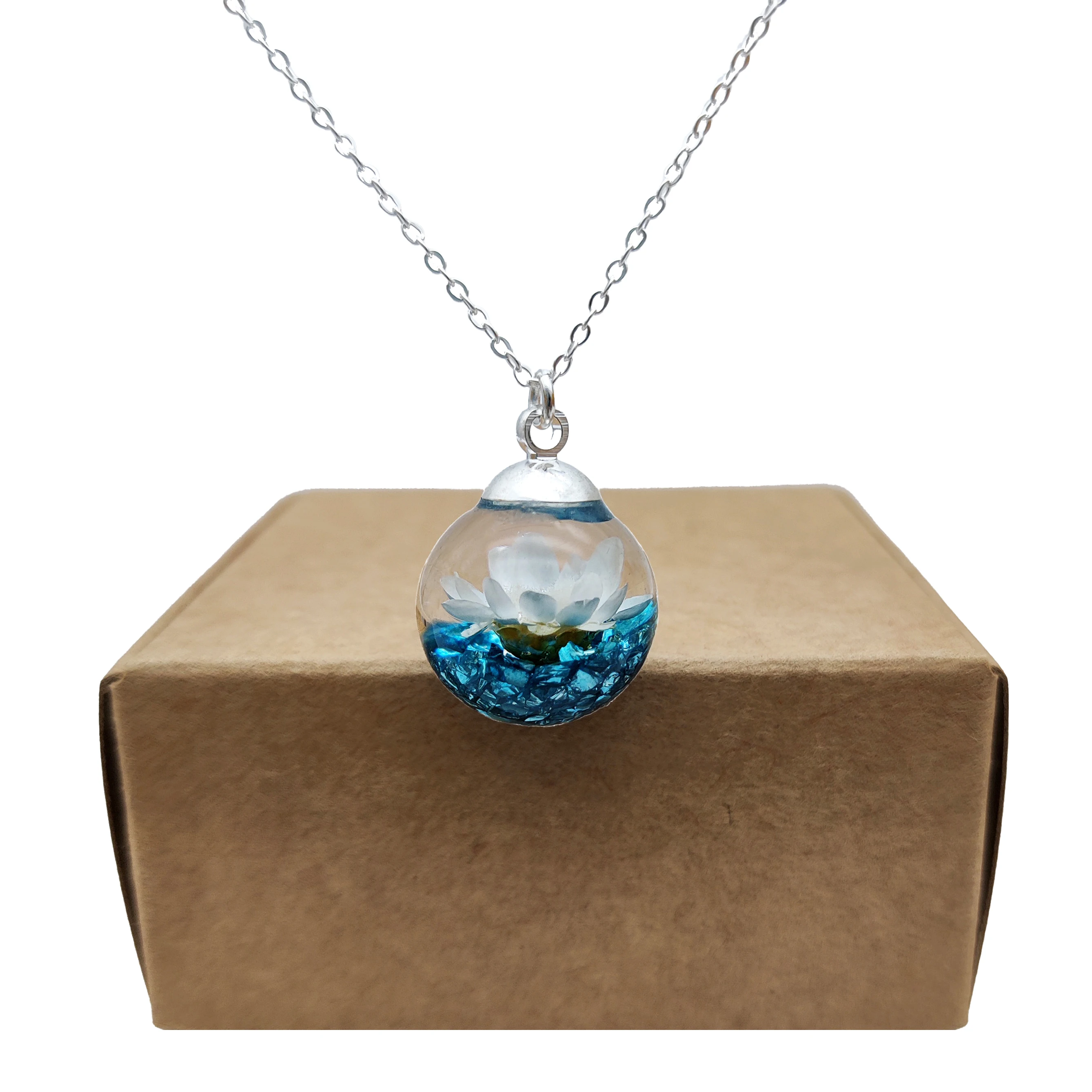 Daisy Blue Treasure Island Mineral Glass Ball Pendant Sterling Silver Color Chain Necklace Women Choker Boho Jewelry Handmade