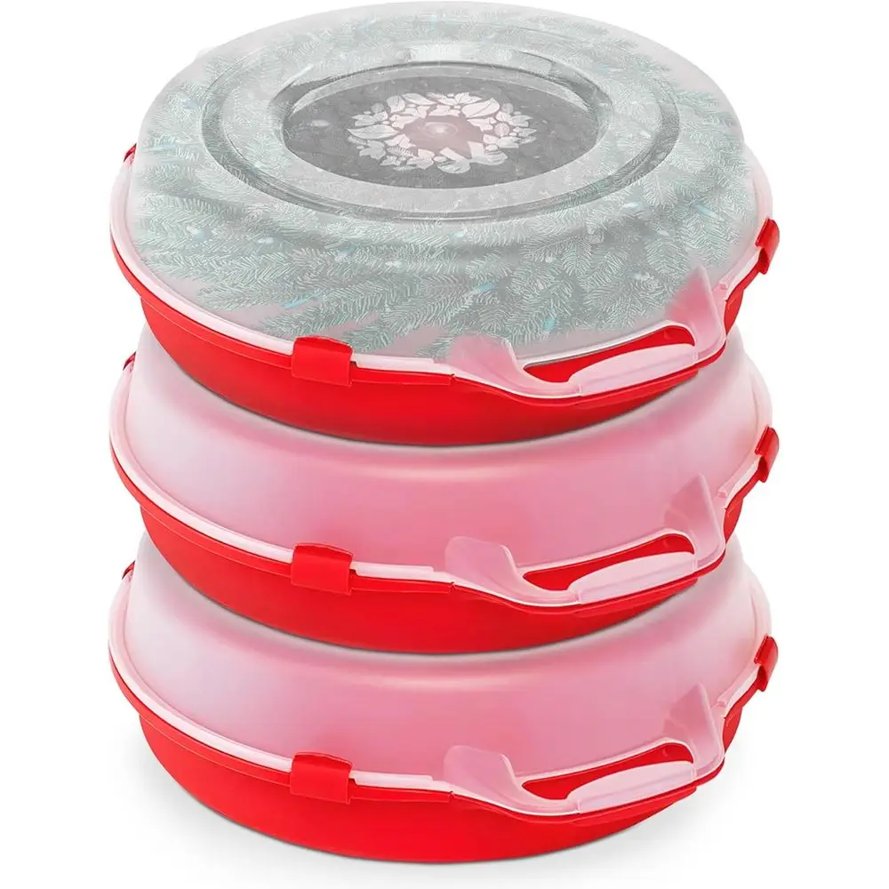 

3-Pack 24 Inch Seasonal day Clear Plastic Wreath Storage Containers, Red – Stackable Decoration Organizer Bins with Lids and Han