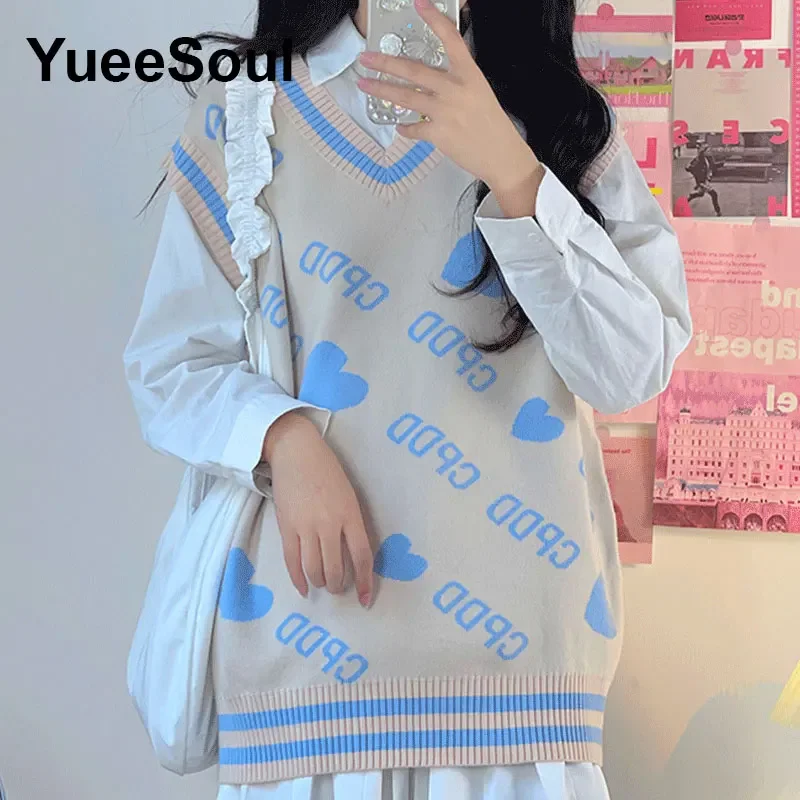 Oversized Sweater Vest Printed Sleeveless Loose Knitted Vest 2023 New Fashion Korean Cute Sweet Vintage Streetwear Women Clothes