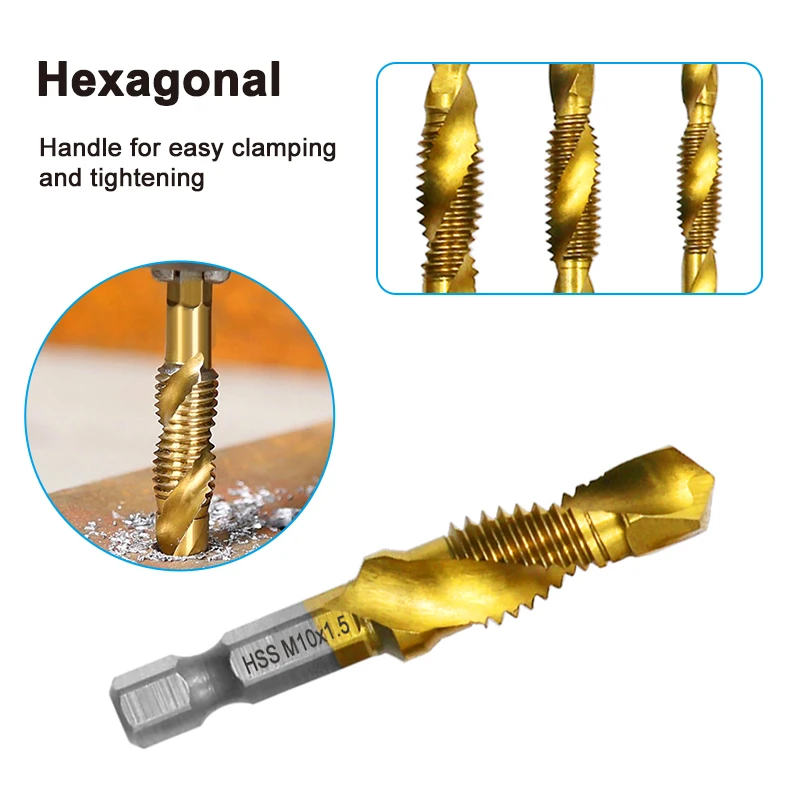 6pc high speed steel M3-M10 titanium plated composite tap hexagonal drill and tap integrated tap machine with hole chamfer tool