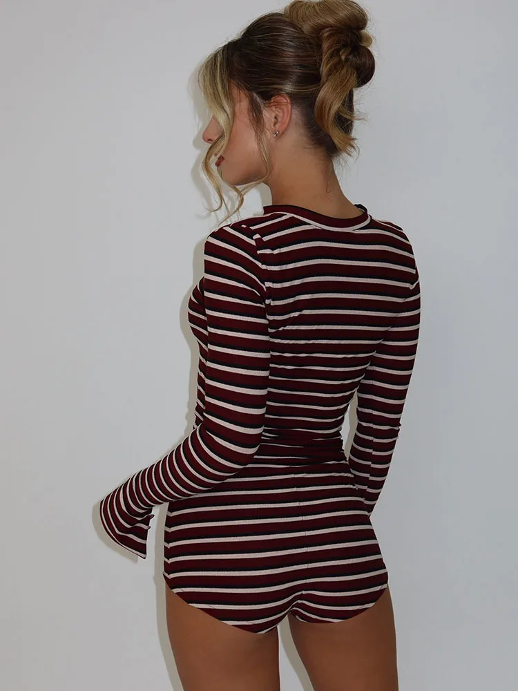 Articat Fashion Long Sleeve Round Neck Striped Set Women's Casual Stretch Slim T-Shirt Top Shorts Two-Piece Set Home Outdoor Set