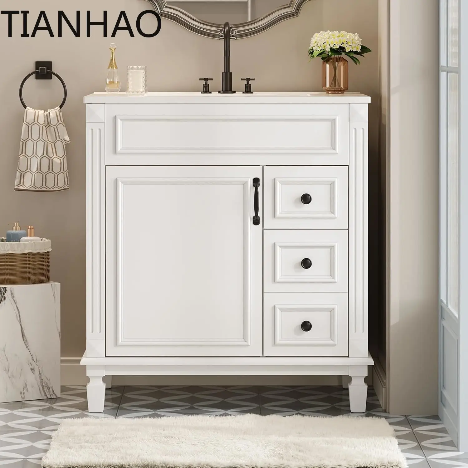 30 Inch Bathroom Vanity with Sink for Modern Bathroom Remodeling Solid Wood Frame Single Basin Cabinet with Door and Two