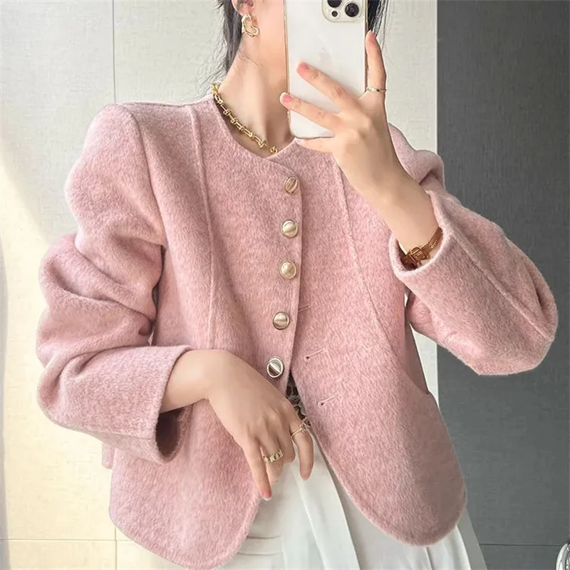 

Spring Female Xiaoxiangfeng Short Round Neck Woolen Coat Women Long Sleeved Outerwear Korean Ladies Fashion Wool blend Jacket