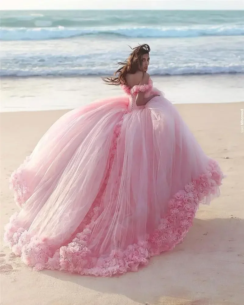 Customized Wedding Dresses Pink Cloud 3D Flower Rose Long Tulle Puffy Ruffle Robe De Mariage Bridal Gown Said Mhamad