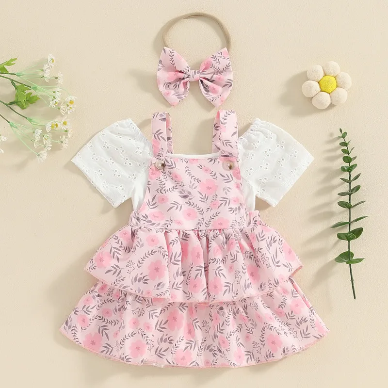 

Baby Girls Summer Outfit Off-Shoulder Rompers and Floral Ruffle Dress Headband 3 Piece Clothes Set