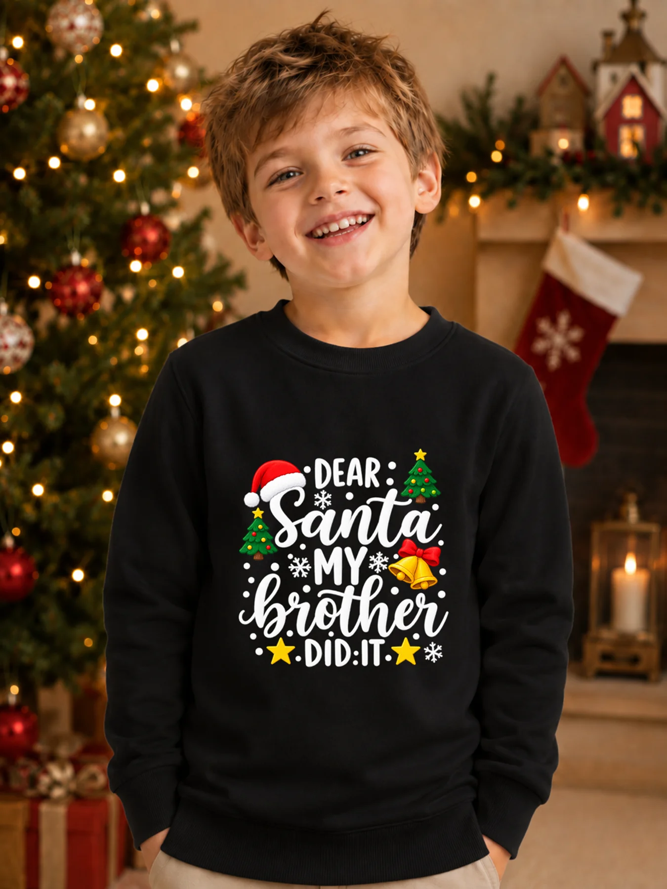 Boys Christmas Sweatshirt Dear Santa My Brother Did It Cursive Print Kids Round Neck Long Sleeve Pullover Winter Xmas Tops