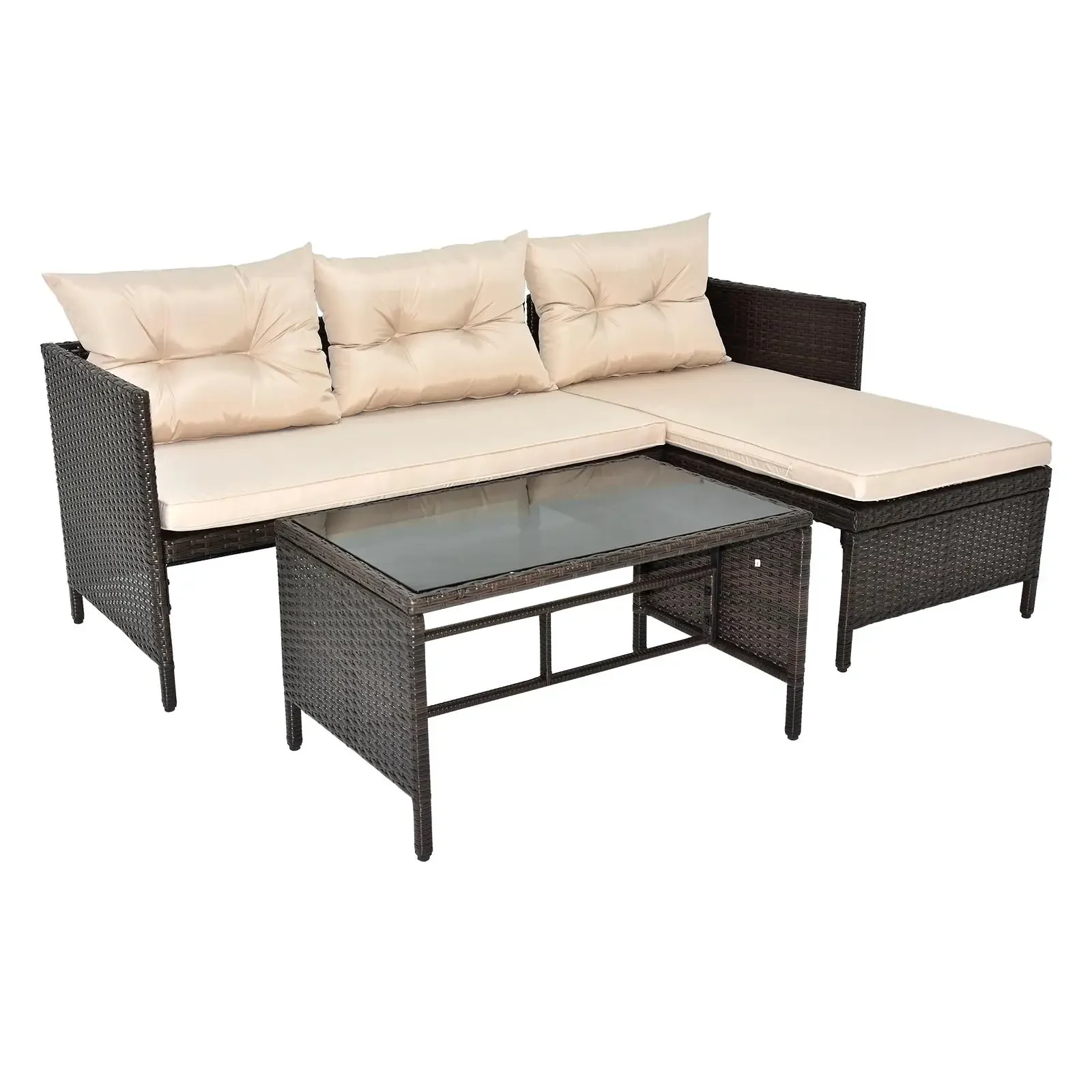 

3-Piece Outdoor PE Rattan Furniture Set - Black Wicker Patio Loveseat Sofa with Khaki Cushions