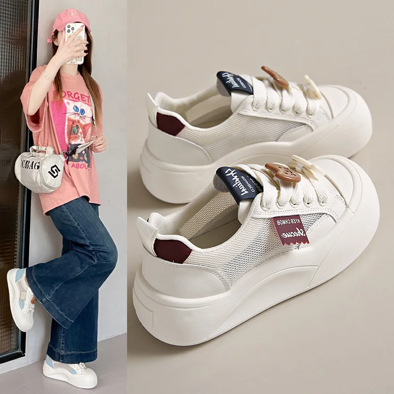 

Spring Summer New All-Match Retro Casual Board Shoes Campus Fashion Round Toe White Shoes Lightweight Breathable Mesh Sneakers