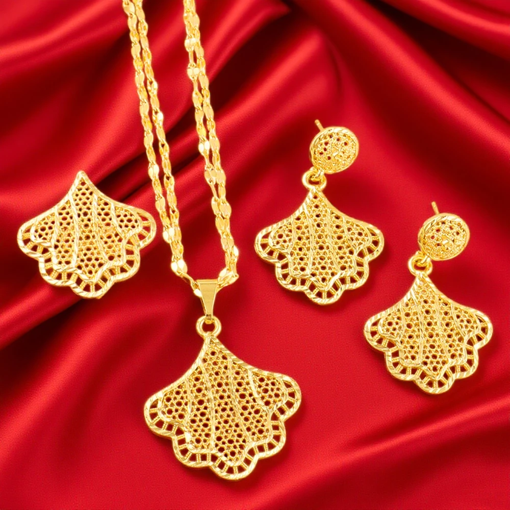 

Gold Color Arabian Women Jewelry Set Hollow Earrings Pendant Necklace Ring Moroccan Bridal Bijoux Wedding Party Jewelry Gift