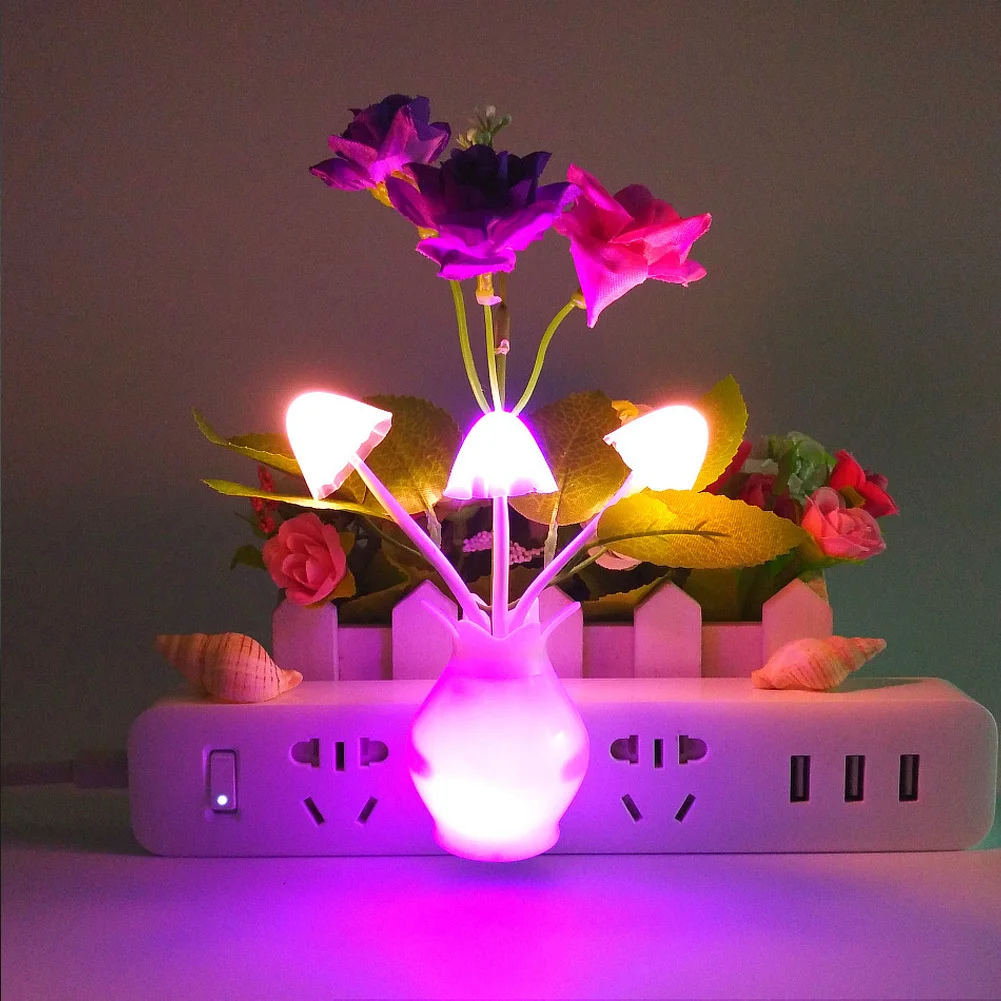 Plug-in Night Light With Auto Light Sensor RGB LED Mushroom Night Light, Energy Efficient Plug Into Wall Flower Lamp For Nursery