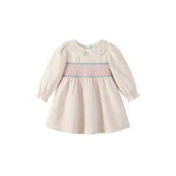 2024 Long Sleeves Baby Girl Princess Dress Round Neck Lace Edge Collar Newborn Girls Dresses Boutique Smocking New Vestidos