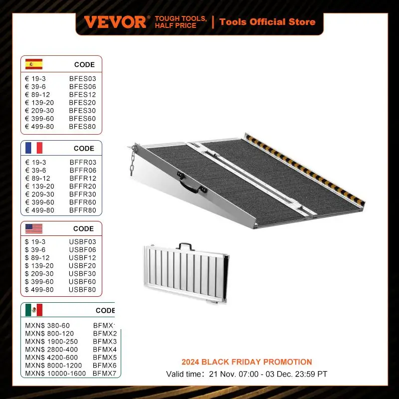 VEVOR Portable Wheelchair Ramp 24/36/48/72in 800 lbs Capacity Non-Slip Aluminum Folding Threshold Ramp Foldable Wheel Chair Ramp