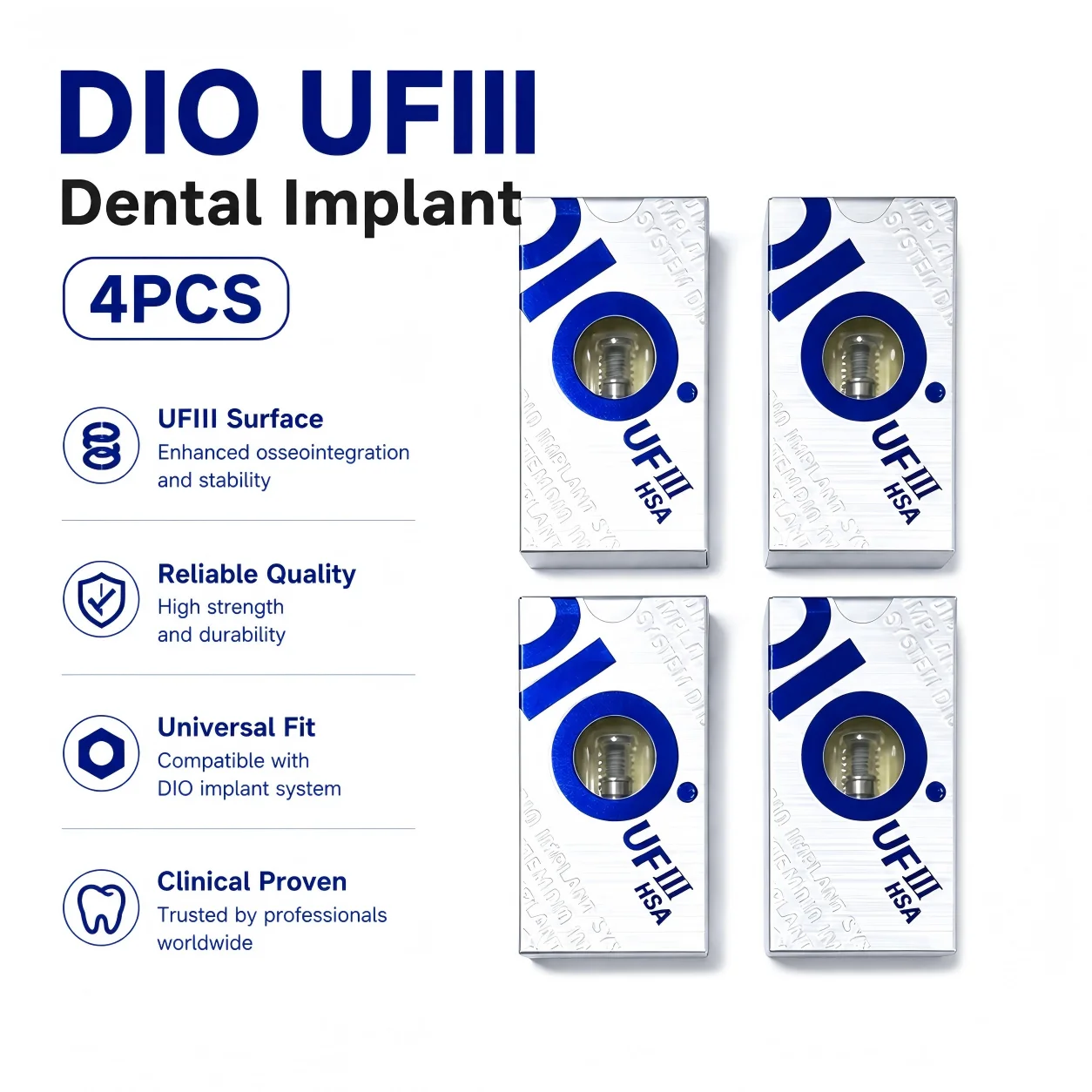 4Pcs Genuine DIO UFIII Tapered Implant, HSA Hybrid SLA Surface, Internal Hex, Self-Tapping for Early Loading & Stability