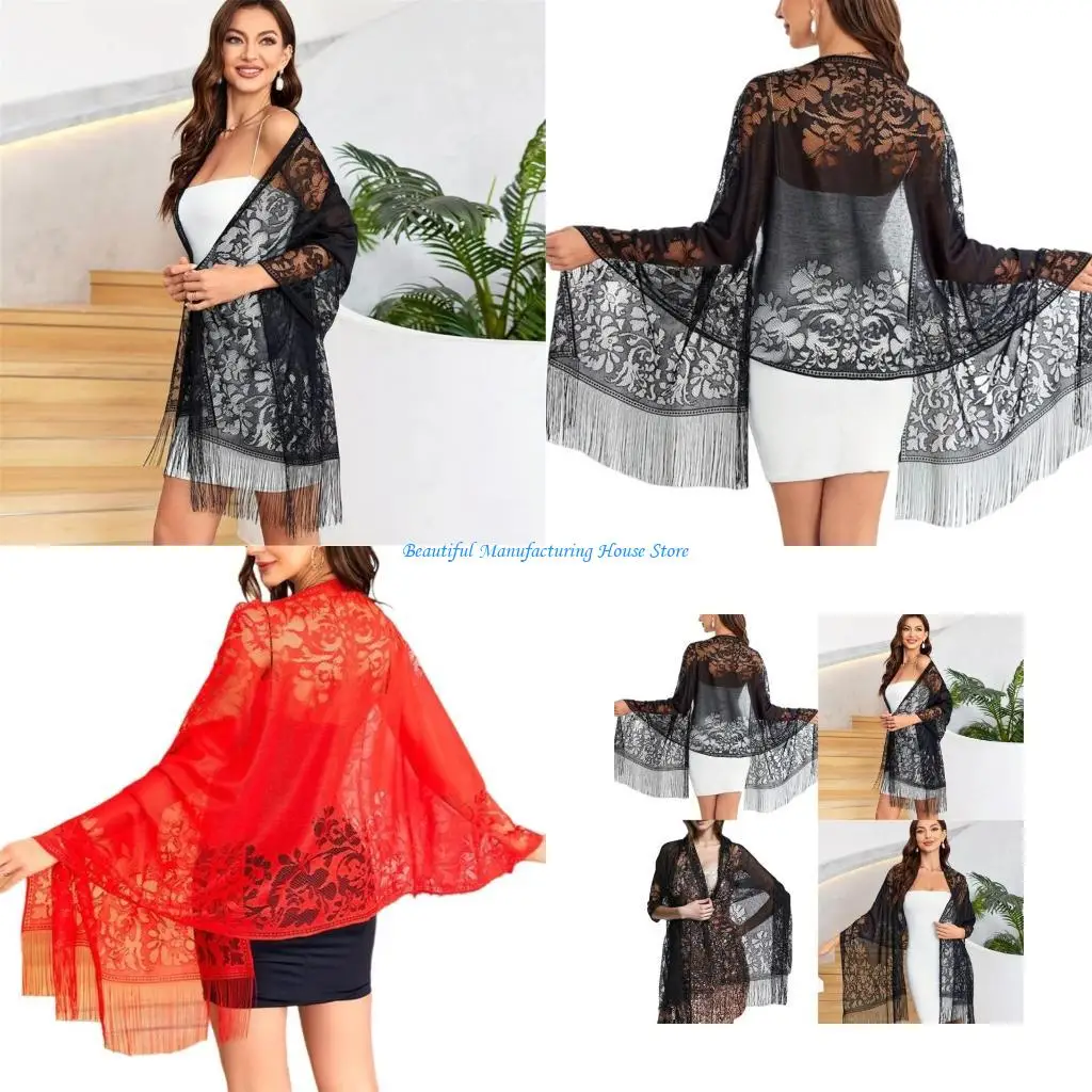 E56A Long Tassels Shawl Wrap Scarf for Women's Evening Dresses Ethnic Hollow Headscarf Weddings Clothing Accessory