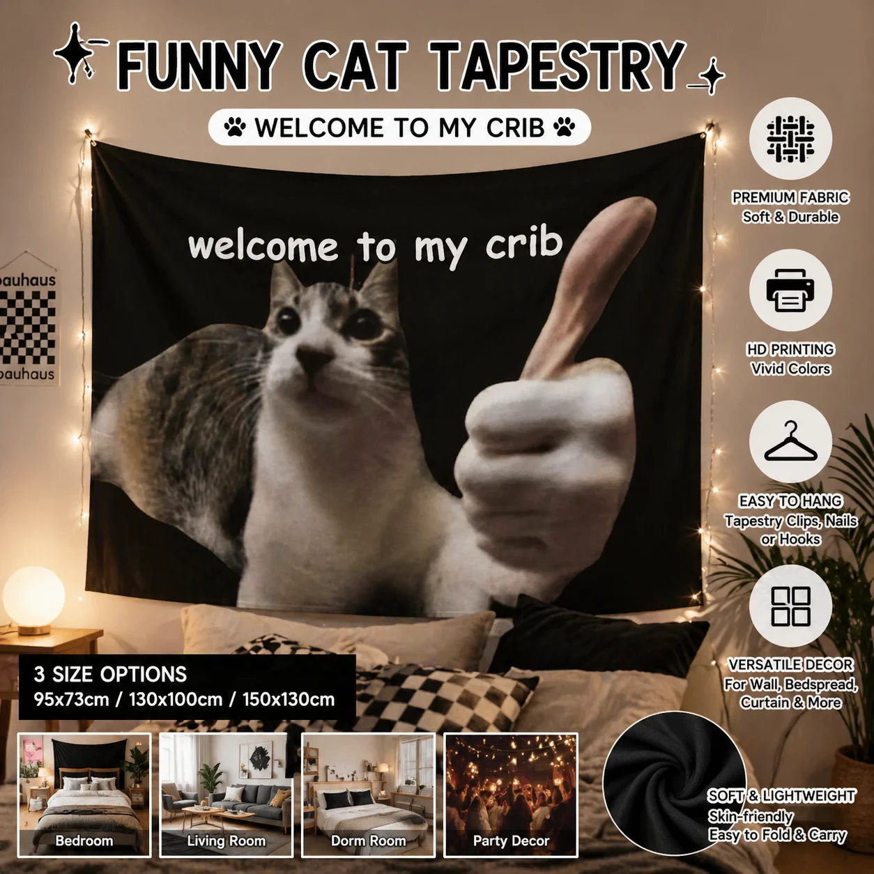 Welcome to My Crib Cat Meme Tapestry Funny Weird College Dorm Decor Flat Print Unhinged Wall Art for Living Room Bedroom