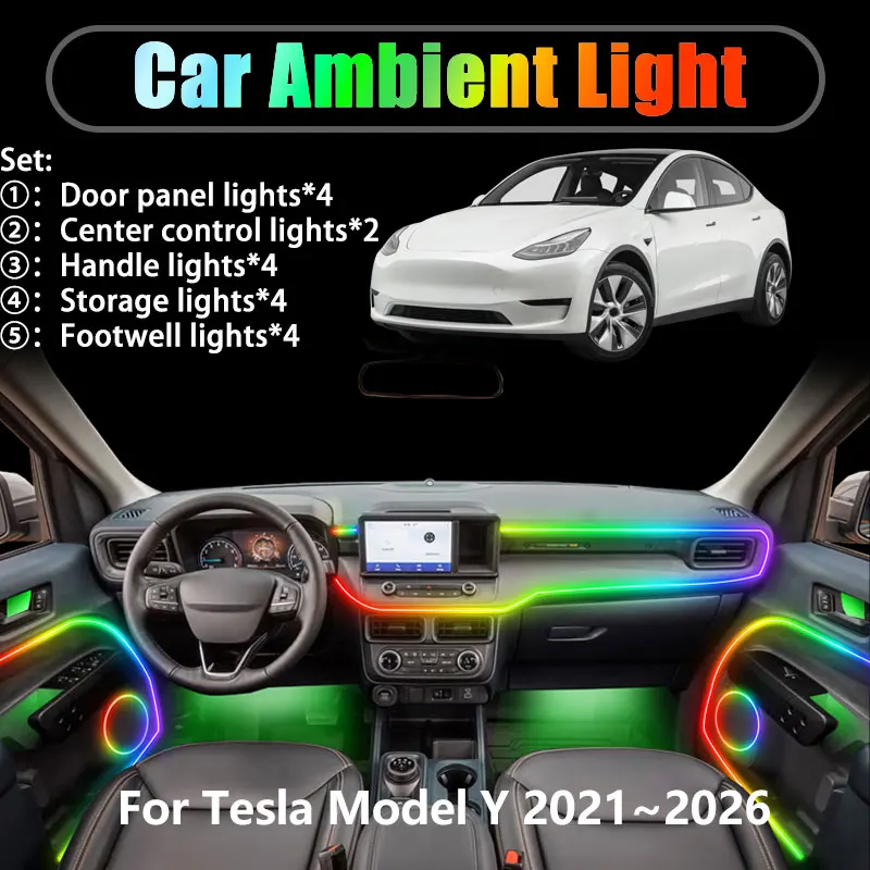 For Tesla Model Y 2021~2026 2/18 in 1 Car ambient lighting Led trunk interior led lights USB RGB Ensemble Streamer Auto parts