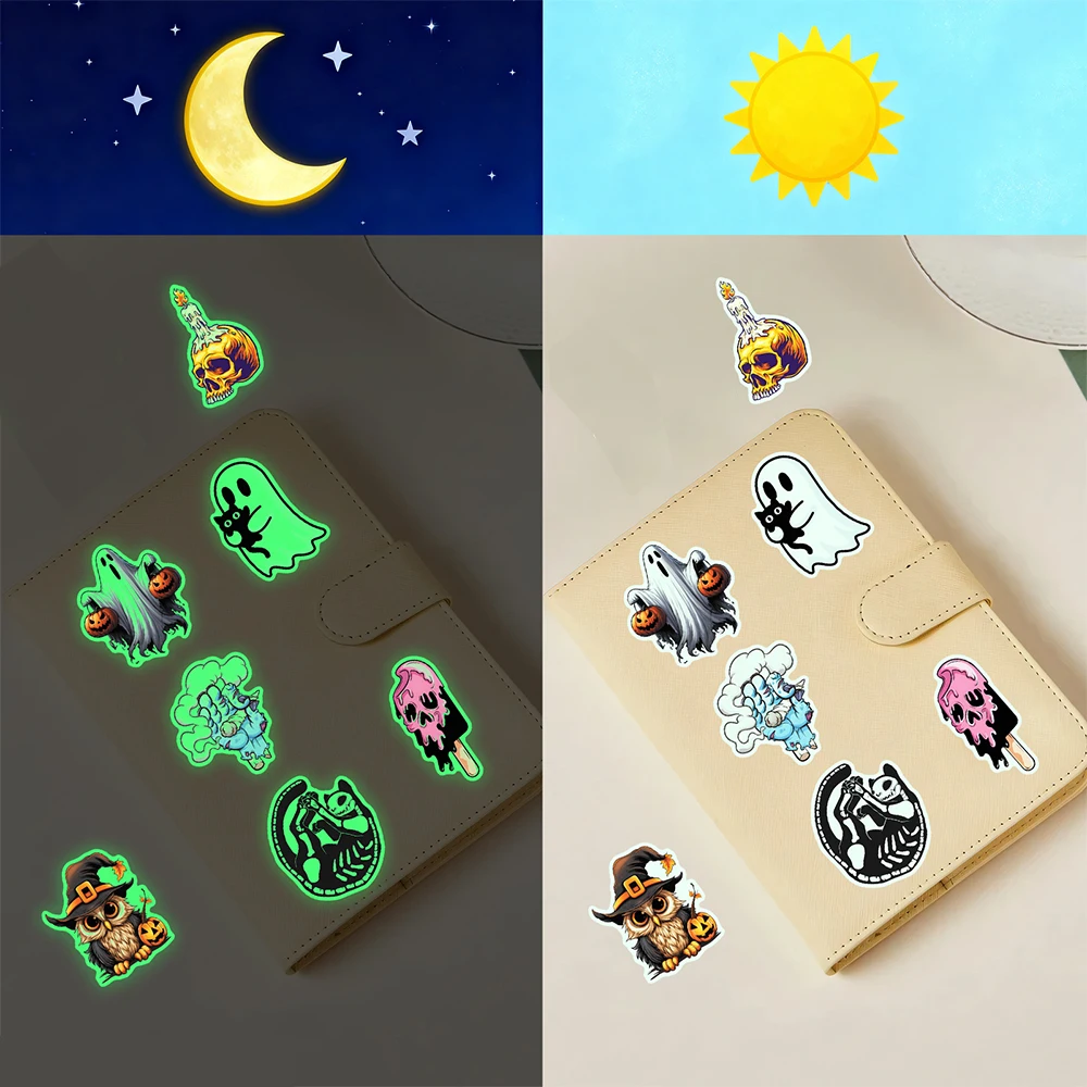 10/30/50pcs Luminous Halloween Stickers Gothic Cartoon Decals Waterproof DIY Bike Phone Cool Toys Ghost Witch Pumpkin Sticker