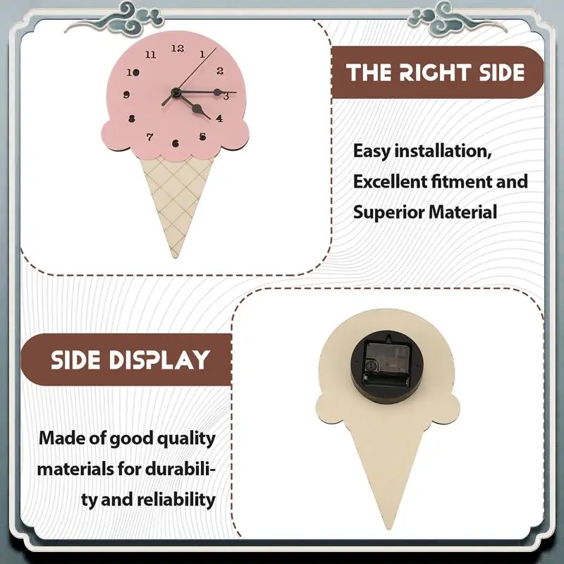 Durable Nordic INS Style Ice Cream Sharped Wall Hanging Clock, Cartoon Silent, Non-Ticking Battery Powered For Children Bedroom