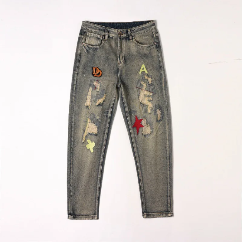 Ripped Jeans Men's American High Street Retro Washed Distressed Trousers 2024 New Pu Shuai Special Color Denim Pants