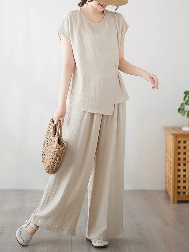 

Women's Summer Shirt Outfit 2025 New Linen Loose Casual Flying Sleeve Wide Leg Pants New Chinese Fashion Set W684