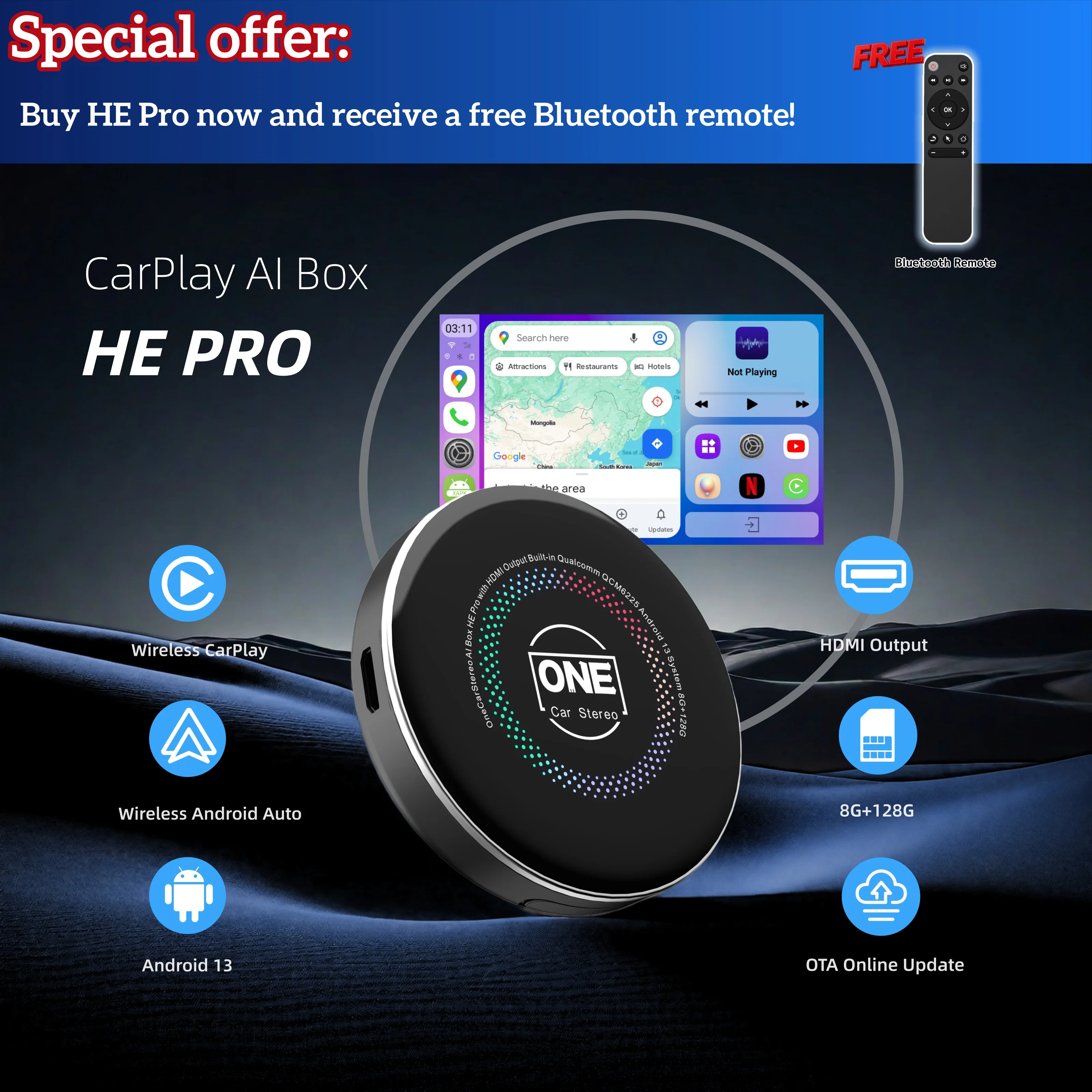 OneCarStereo Wireless CarPlay AI Box for Android Auto