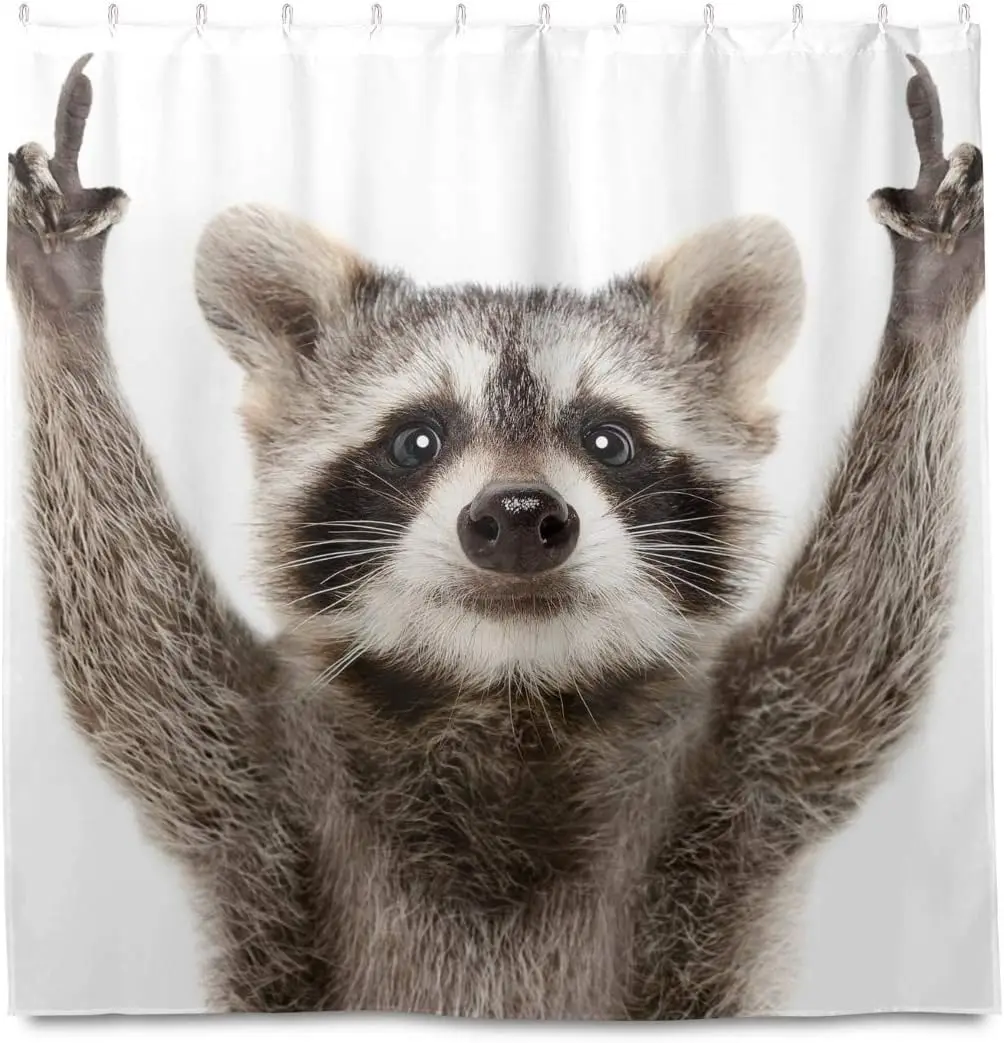 Funny raccoon shower curtain, animal themed pattern printed durable waterproof shower curtain bathroom decoration, 12 hooks