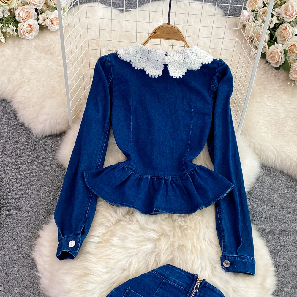 النساء الدنيم 2 قطعة مجموعات سترة تنورة دعوى التنانير الطويلة معطف بيتر بان طوق مزدوجة الصدر وتتسابق غسلها الحلو فرقة 2025