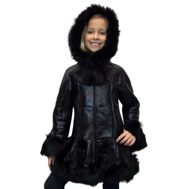 Black 100% Leather Sheepskin Coat  Winter Clothes for Girls Kids Jacket