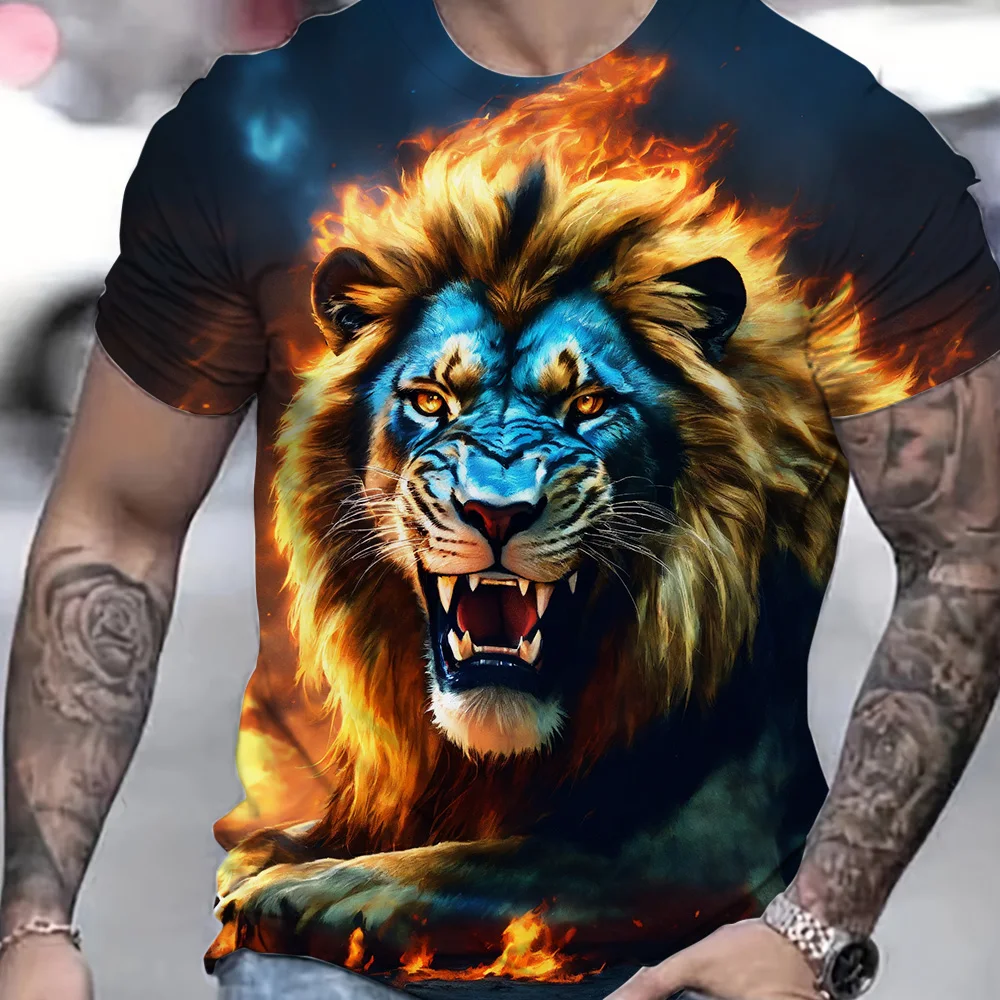 Summer T Shirt Men Casual Lion Pattern Tops Tee Clothing Large Size Animal Print Short Sleeve Outdoor Breathable Sports T-shirt