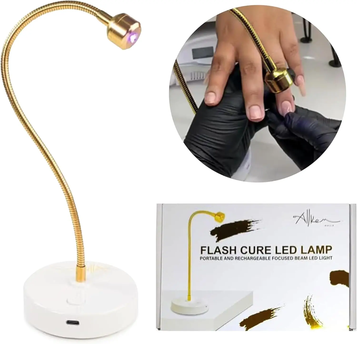 ضوء فلاش كور للأشعة فوق البنفسجية - مصباح أظافر LED معقوفة لتلميع الجل - لاسلكي، لاسلكي، قابل لإعادة الشحن (3 وات - ذهبي)