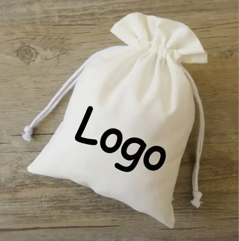 Pure White Cotton Drawstring Bag Wedding/Party/Storage/Packaging/Makeup/Gift/Jewelry Pouches Custom Logo Print Pocket 100PCS