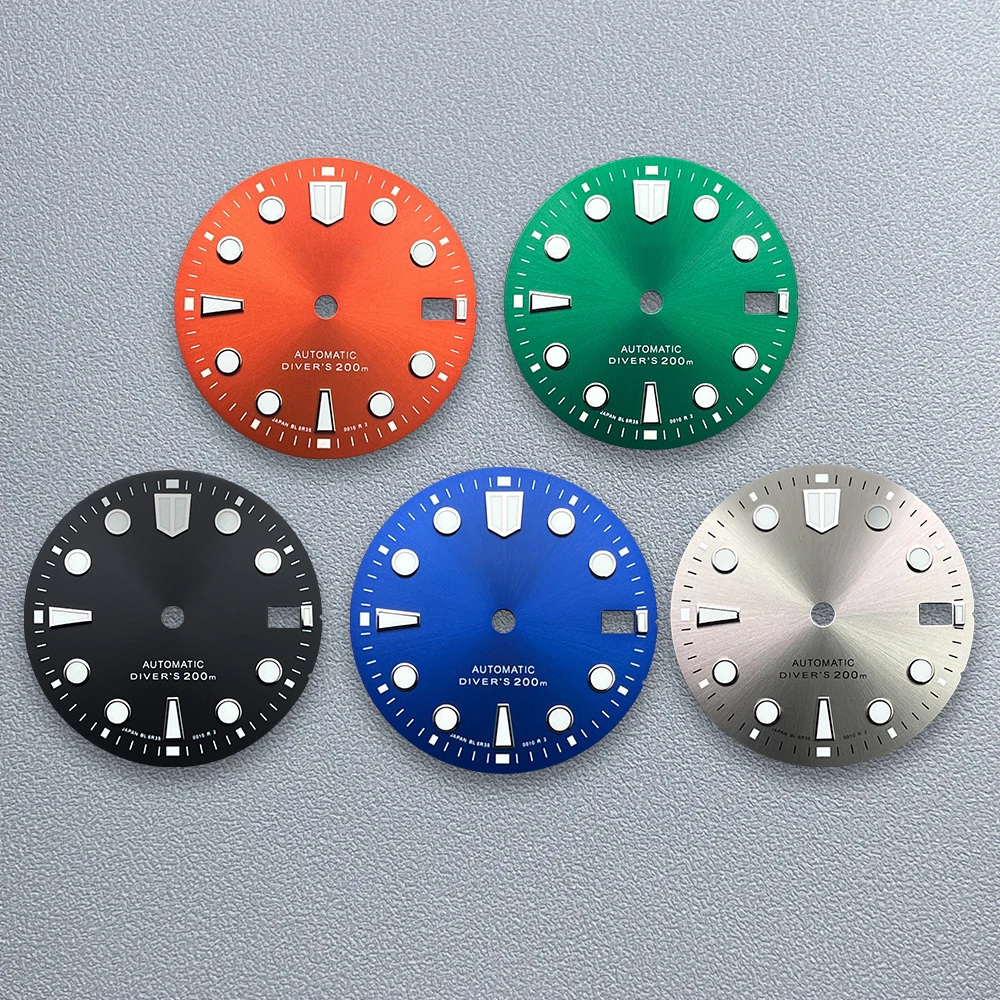 Esfera Sunburst con logotipo S de 28,5mm compatible con movimiento japonés NH35/NH36, accesorios de modificación de reloj de buceo luminosos verdes de alta calidad