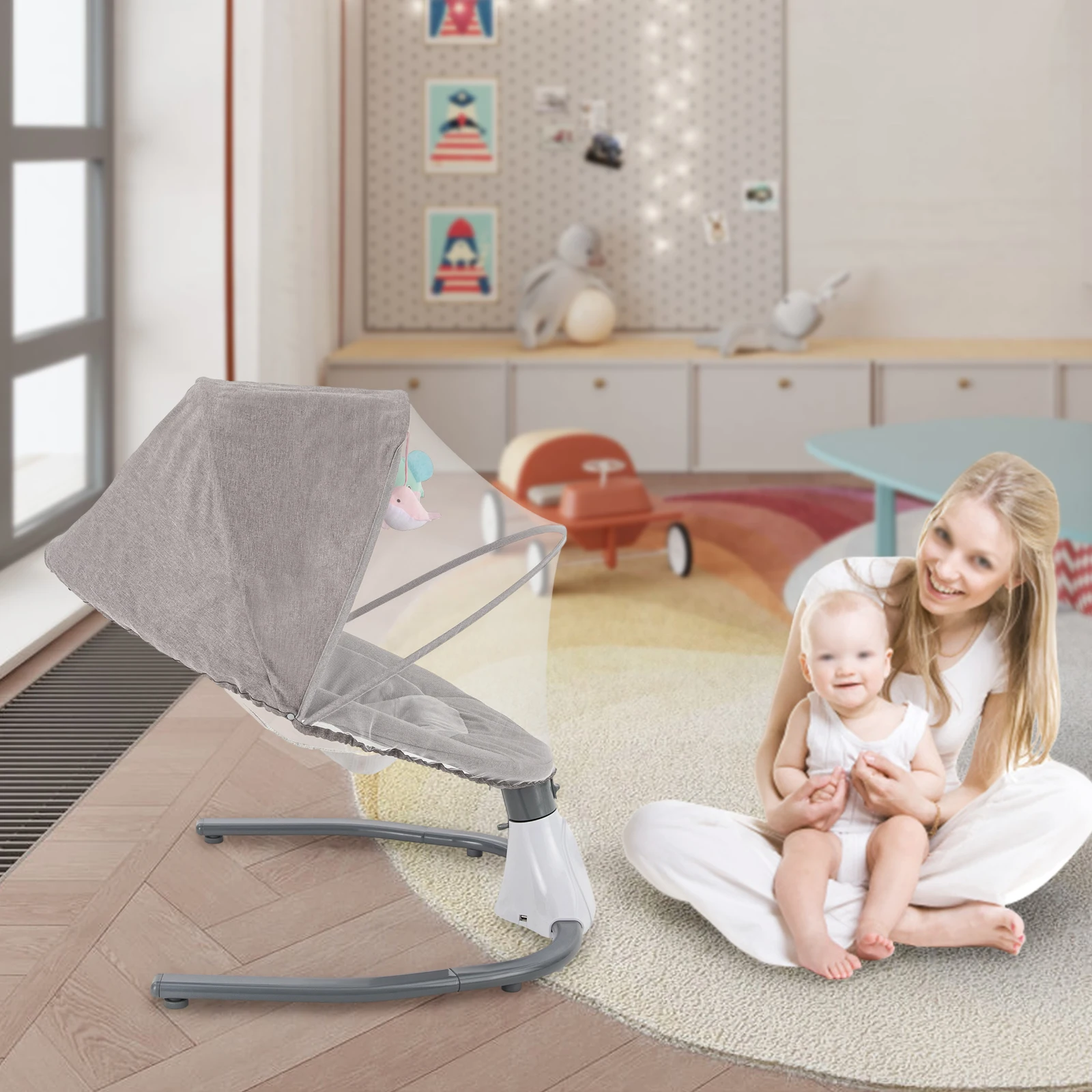 baby swing  S-Y608 gray rocking chair (USB cable) environment-friendly steel pipe, ABS, and cloth