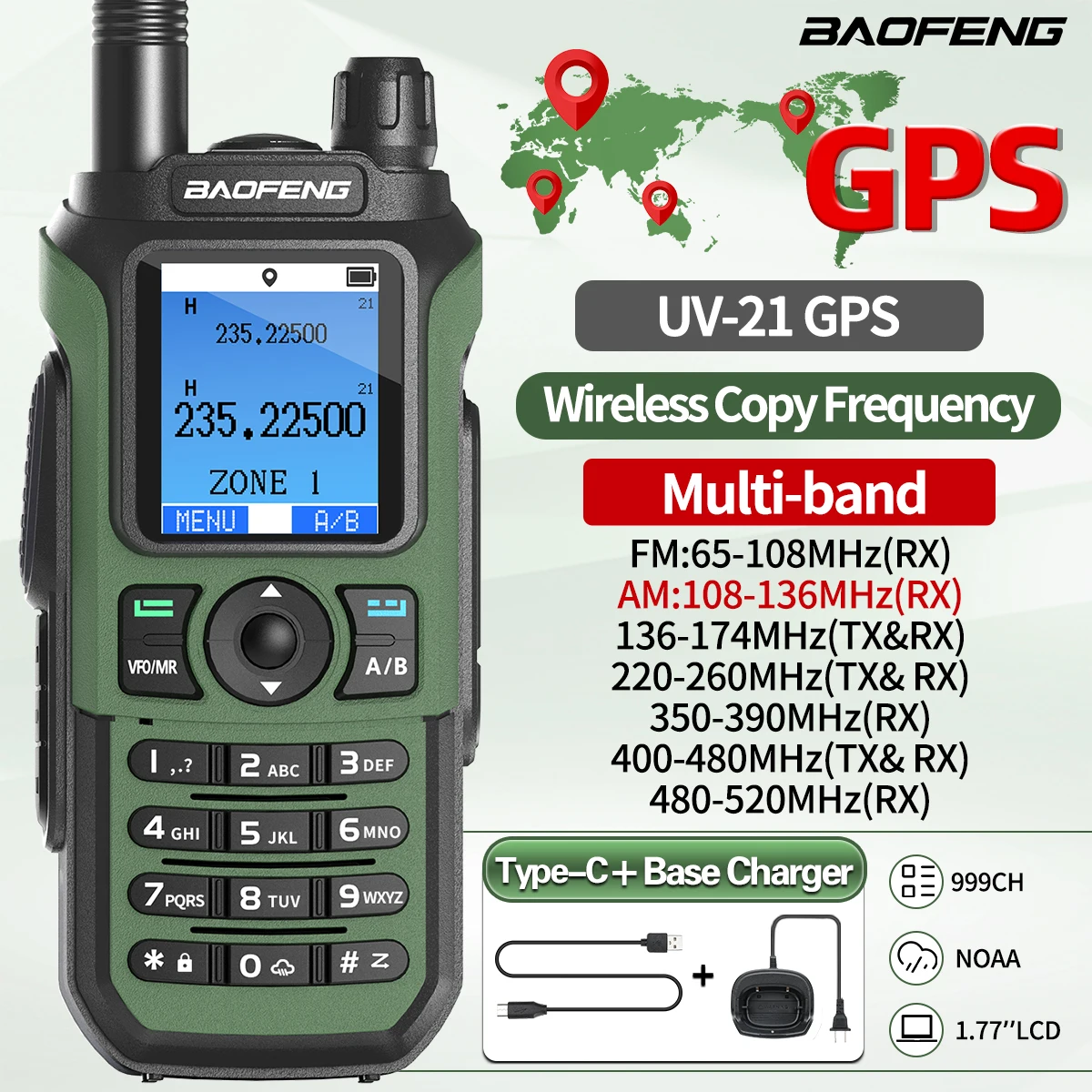 Baofeng UV-21 PRO – Radio bidireccional GPS multibanda largo alcance