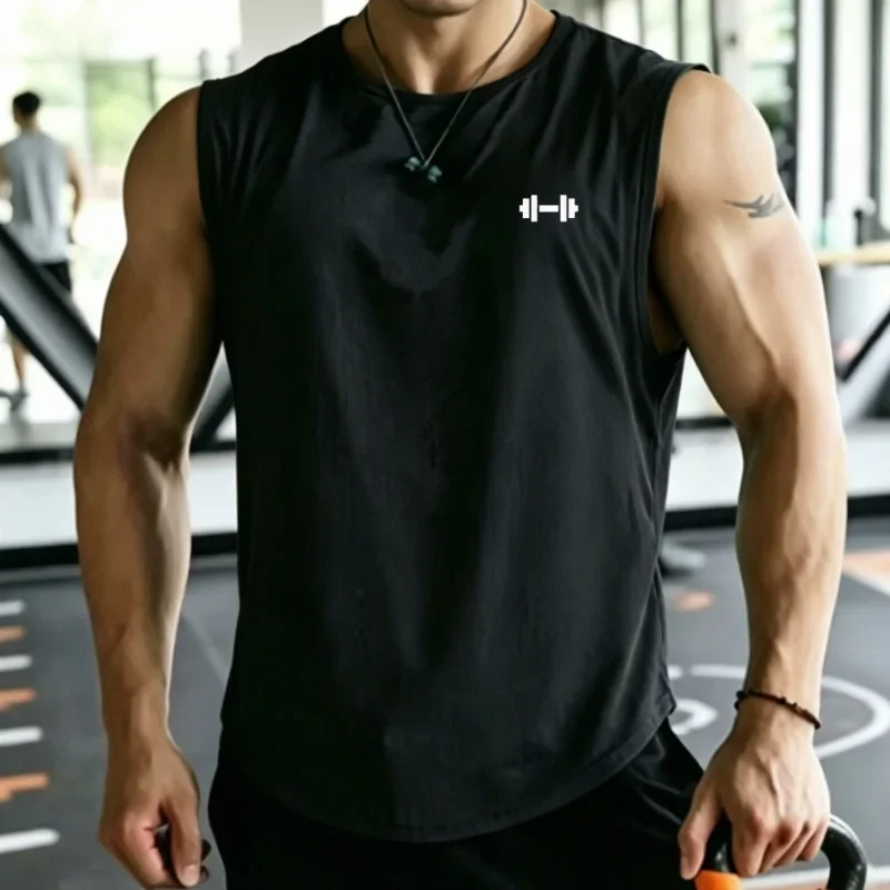 Men mesh Quick Dry running Tank Top Print Sleeveless T-shirt Breathable Loose Sports tops round collar gym vest men undershirt