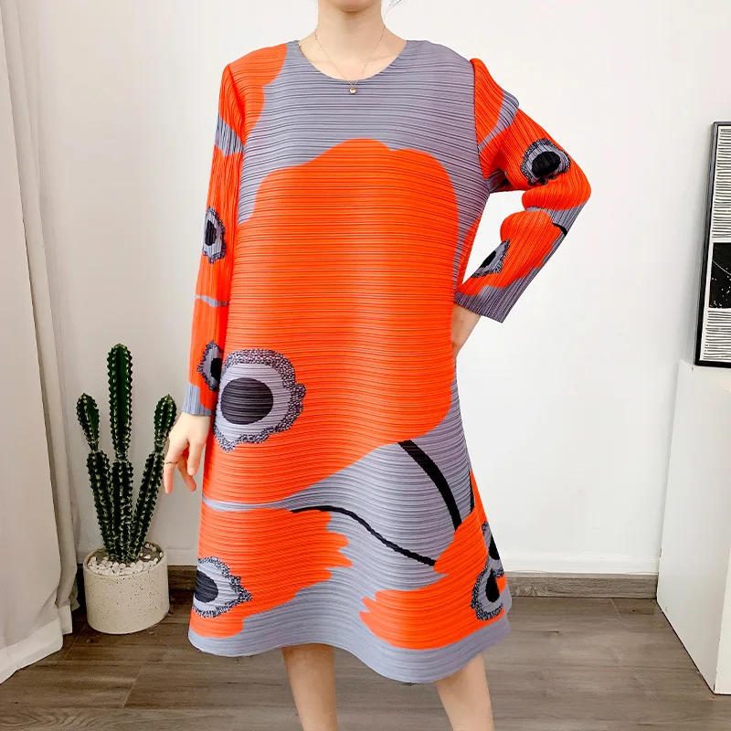 

Style Pleated Dress 2023 Summer Printed Loose Size Mother Dress A-line Skirt Foreign Style Woman