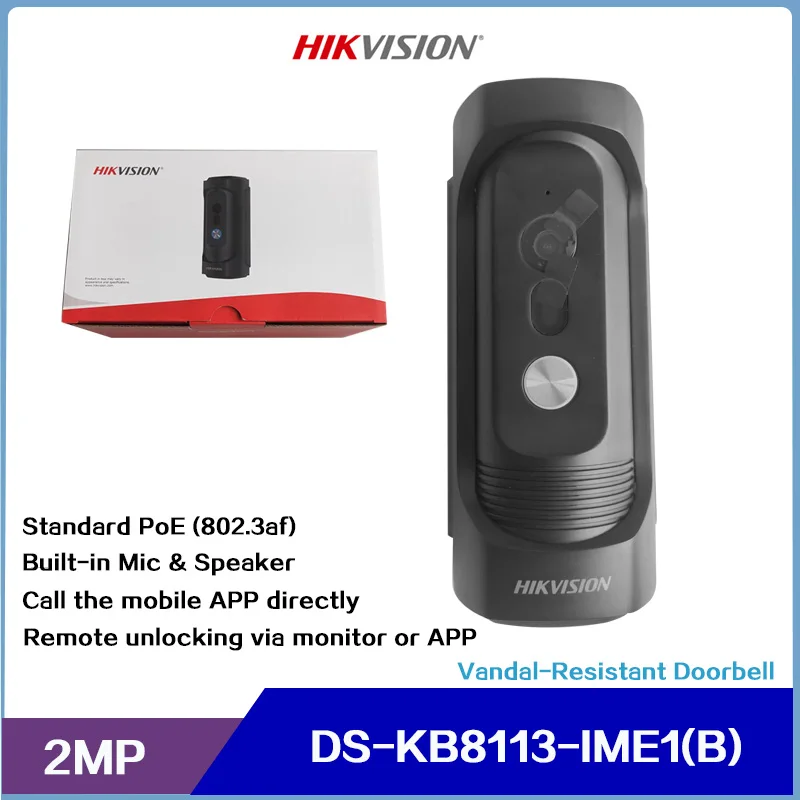 HIKVISION DS-KB8113-IME1(B) 2MP Vandal-Resistant Doorbell, Support Two-way Audio, Remote Unlock via Indoor Monitor or APP, PoE