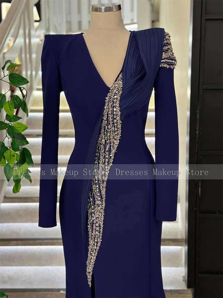 فساتين سهرة فاخرة حورية البحر رقبة على شكل V مطوي مطرز بالخرز وأكمام طويلة فساتين سهرة للنساء 2025 بوق فستان رسمي حديث للحفلات