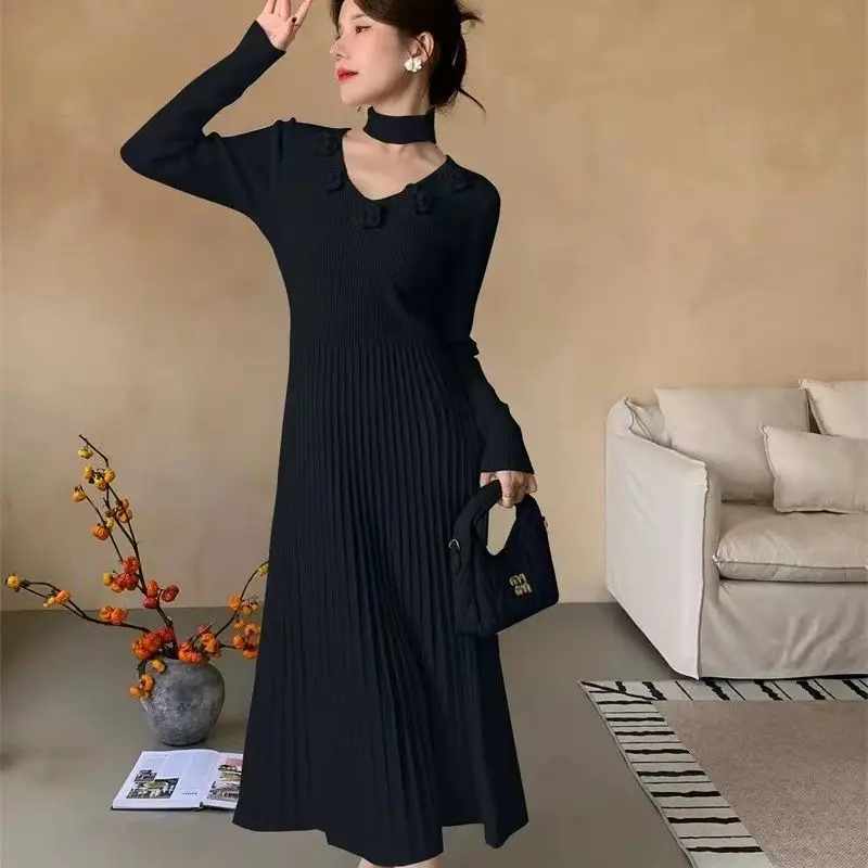 Autumn Winter Women's Knitted Dress Base Layer Sweater Dress Floor-Length Polyester Three Dimensional Flowers Shirts CQ219