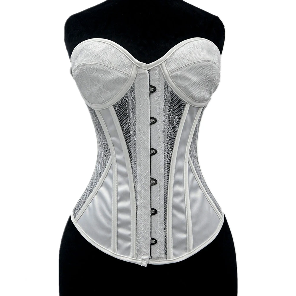 Women Overbust Corset White Lace Mesh Splicing Satin Slimming With Bra Cup Boned Bodice Sexy Lingerie Strapless Bustier Top