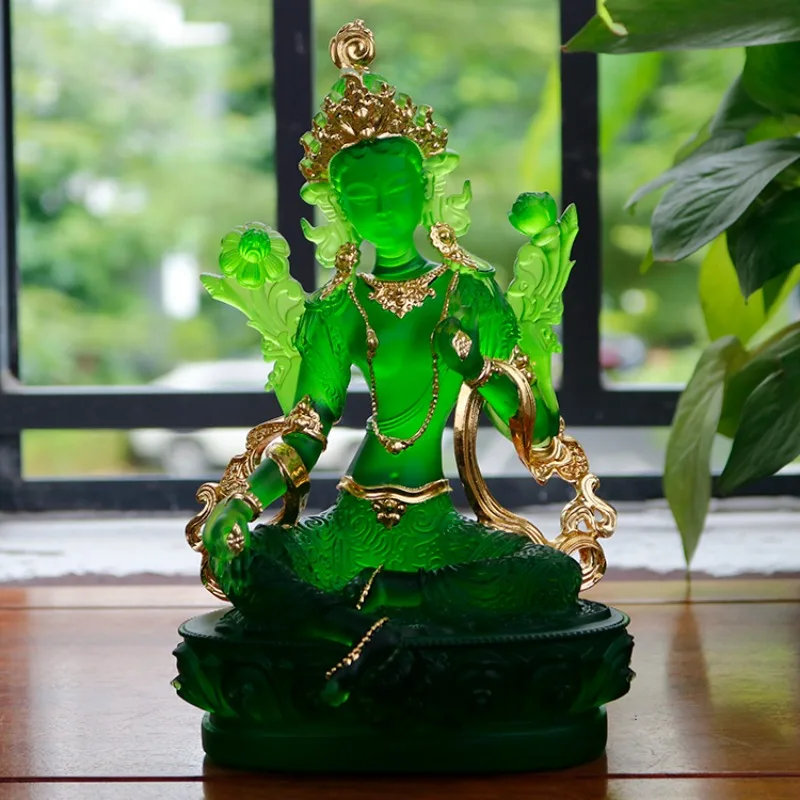 Ancient Glass Gilded Green Tara Buddha Statue Hand Painted Guanyin Bodhisattva Home Decor Multi Sizes