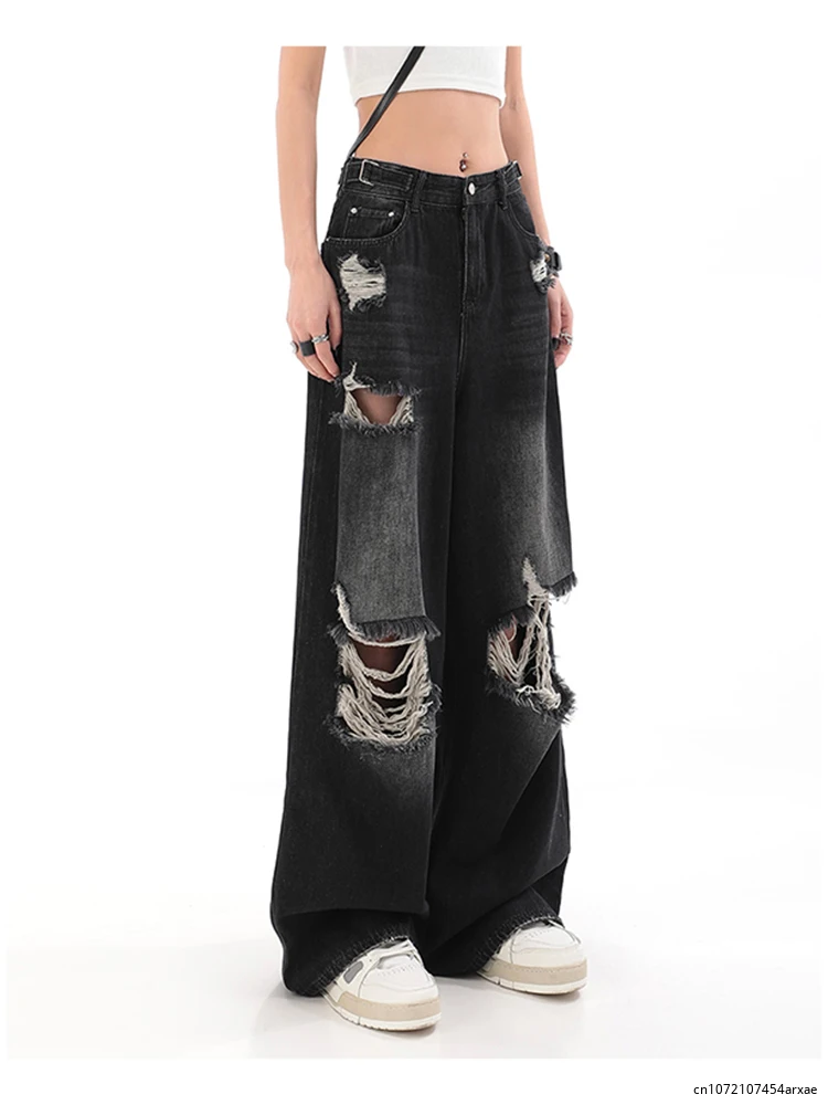 Women's Ripped Black Gothic Jeans Y2k Retro 90s Aesthetic Denim Pants Vintage Harajuku High Waist Wide Leg Cowboy Pants Clothes