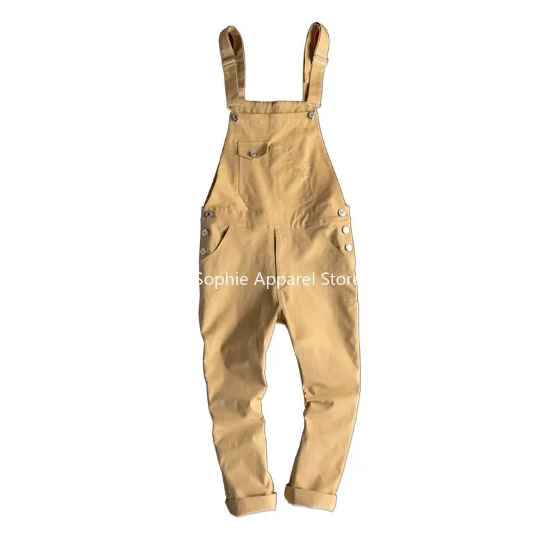 Casual Bib Overalls for Men Korean Kpop Clothes Women Pockets Ankle Length Skinny Cargo Pants Couple Khaki Trousers