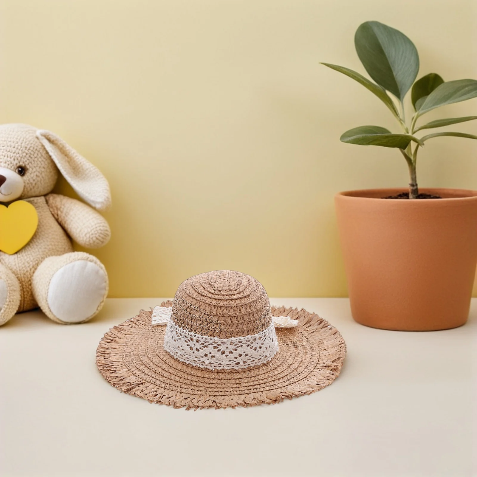 Mini chapéus de palha com fita de renda, boné de palha pequeno para casa de bonecas, artesanato em miniatura, acessório de decoração de festa, chapéu de praia