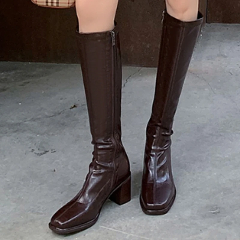 

Autumn Winter Women's Knee High Boots Leather Black Brown Zipper Western Long Boot Block Heels Footwear Shoes Ladies Large Size