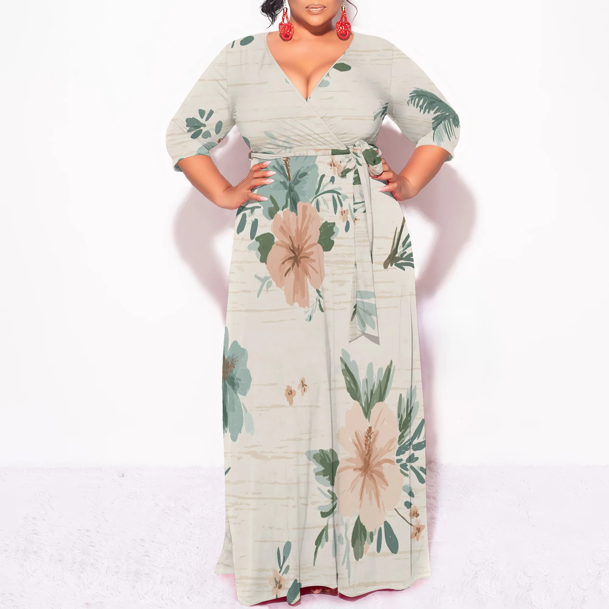 Pastel Floral Maxi Dress XL-6XL V-Neck Wrap Style with Belt & Puff Sleeves for Easter Brunch, Garden Party or Spring Picnic Look