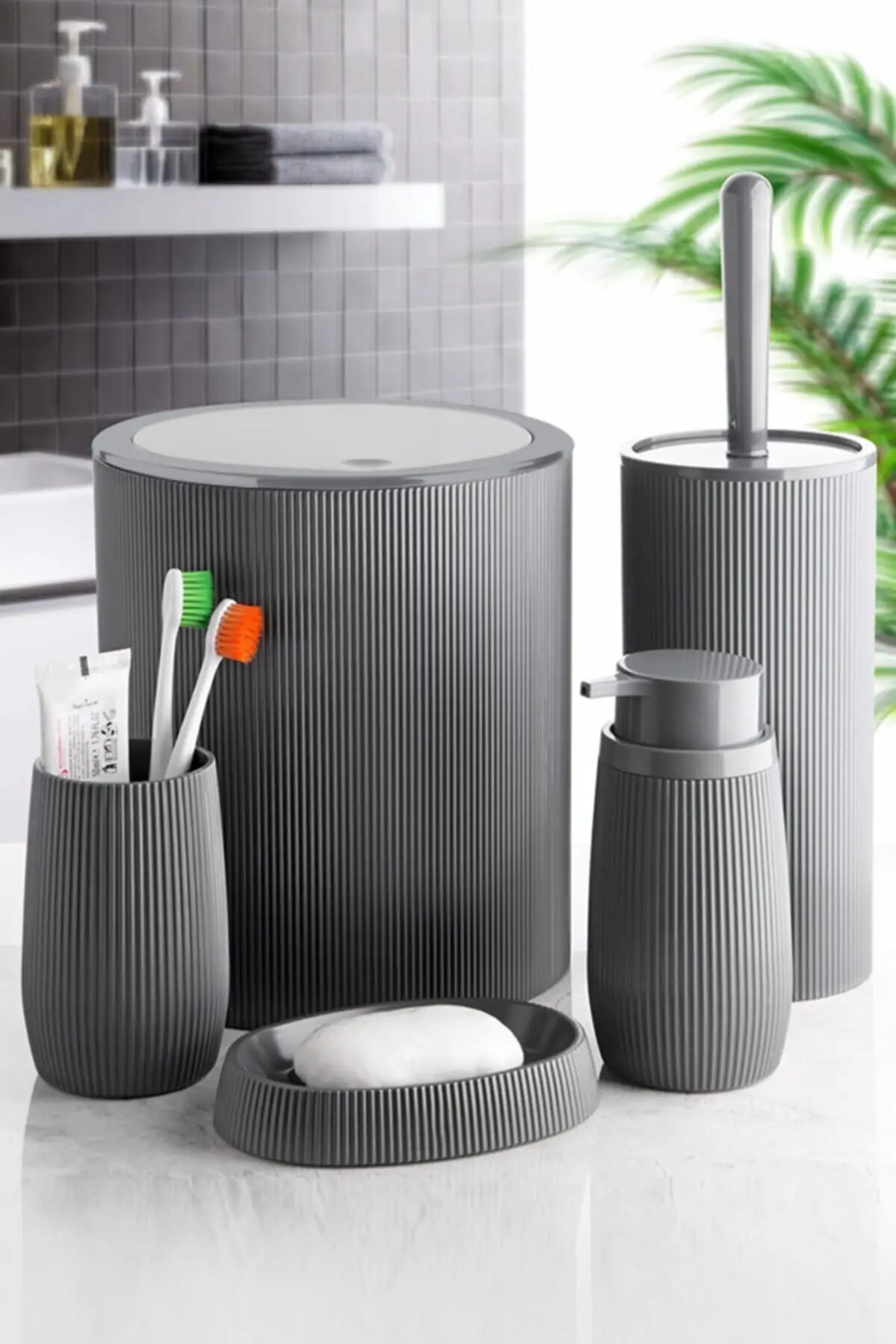 5 Pieces Lux Grey Bathroom Accessories Set Toothbrush Toilet Brush Soap Dispenser Liquid Soap Dispenser Trash Can Made in Turkey