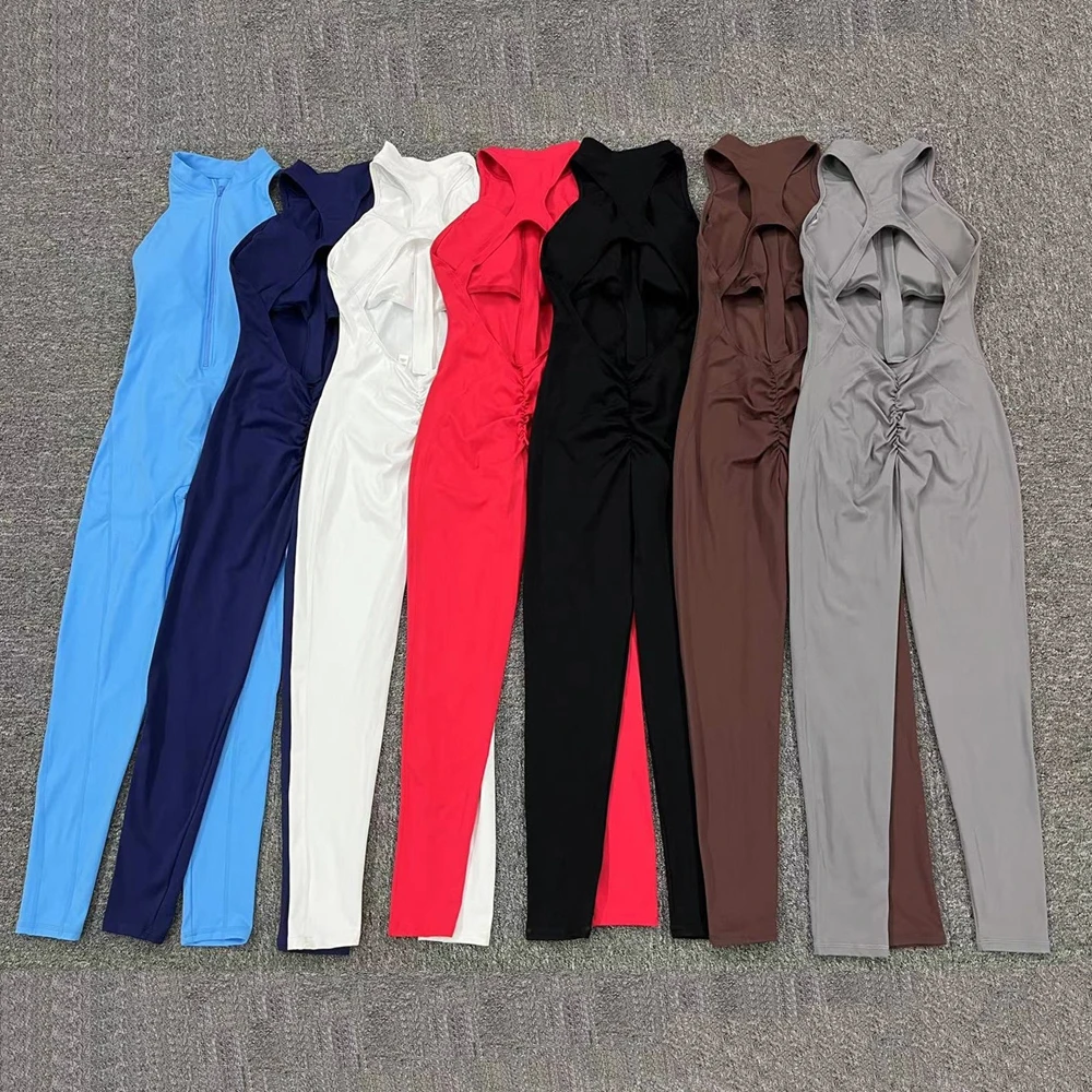 2026 Pad Sleeveless Deep V Exercise Gym Yoga Set One Piece Jumpsuit Women Sport Workout Fitness Scrunch Shorts Active Wear XP301 - Image 6